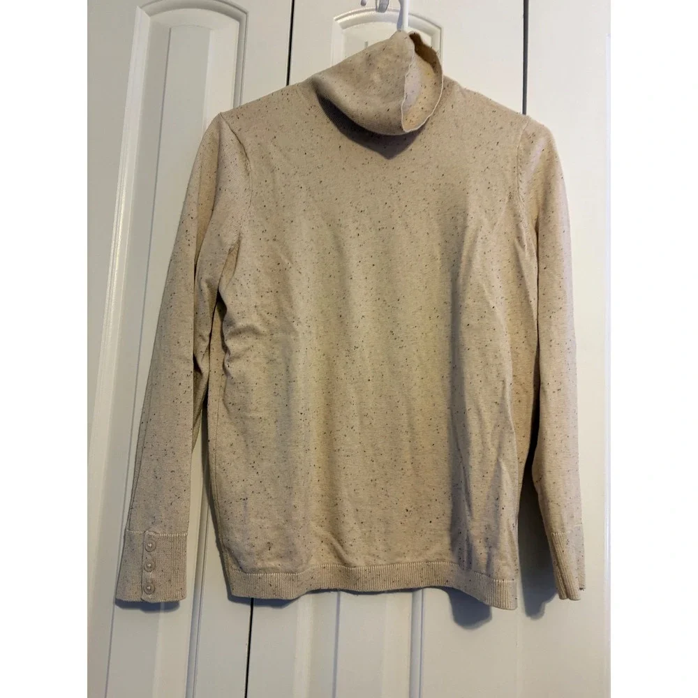 Talbots Turtleneck Sweater Womens MP‎ Beige Speckled Button Cuff Cotton Blend